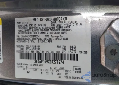 2014 Ford Fusion Titanium z USA, uszkodzony, nr VIN 3FA6P0K9XER271274